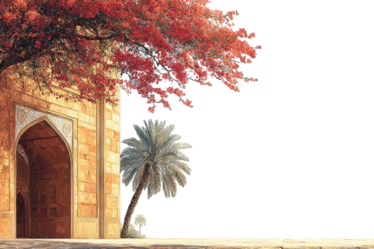 Arched Entrance with Autumnal Foliage and Small Silver Tree on Transparent Background, Stone Archway, Ornate Design, Red Orange Leaves, Black Backdrop, Natural Light, Architectural Detail, Outdoor