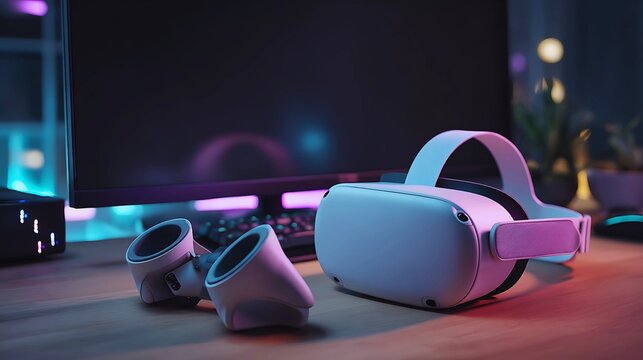 Immersive virtual reality headset and controllers illuminated by neon lights on a table