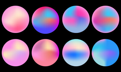 Color gradient abstract shape colors blend mesh with neon light, vector shapes. Color blend gradation texture, holographic iridescent round circles with liquid vibrant gradient.