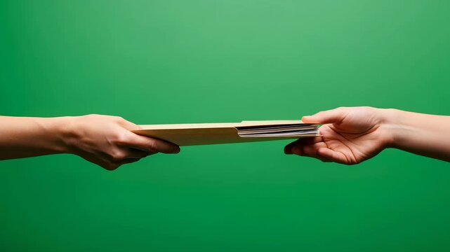 Woman passing documents in a manila folder from her hand to another person on a green background, chromakey footage