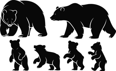Set of bear silhouettes, wild animal vector illustrations, standing bear cubs, walking grizzly bear, wildlife graphic design, black bear shapes