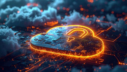 Glowing cloud padlock atop circuit board