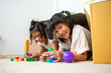 Playful Sisters in a Cardboard World: Two young girls with beaming smiles and engaging in the world of imagination.