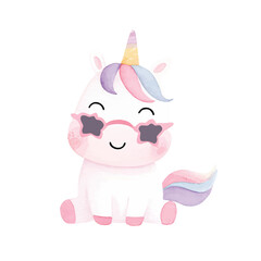 Naklejka premium Adorable Watercolor Unicorn with Star Sunglasses Cute Fantasy Illustration.