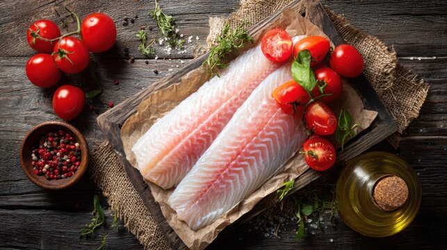 Slices of fresh fish fillets are placed next to vibrant red tomatoes and aromatic herbs on a rustic wooden board. Olive oil and spices complement the ingredients, ideal for a healthy meal.