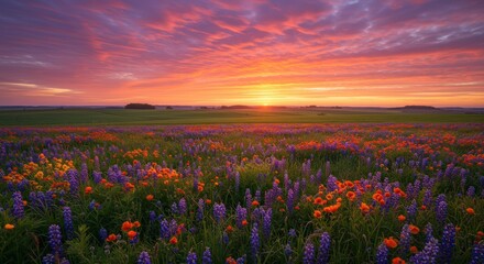 Vibrant sunset illuminates a wildflower meadow with colorful blooms under a dramatic sky at dusk
