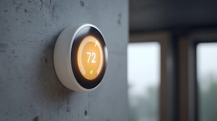 Modern smart thermostat mounted on a textured wall showing a comfortable room temperature