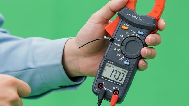 Person demonstrating digital multimeter use against green background