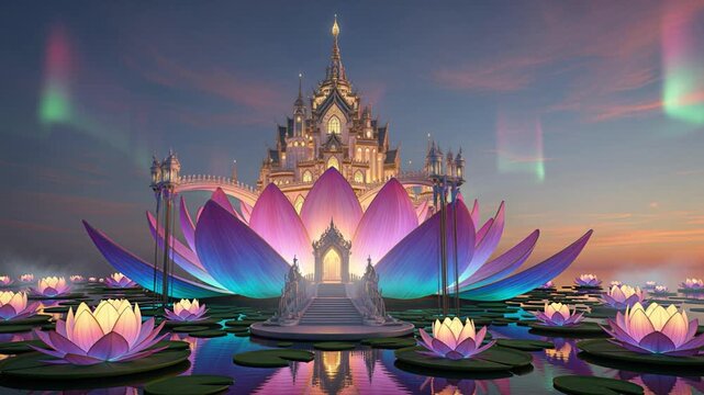 Lotus Palace: Fantasy Castle on Water Lily Pond with Aurora Sky at Sunset