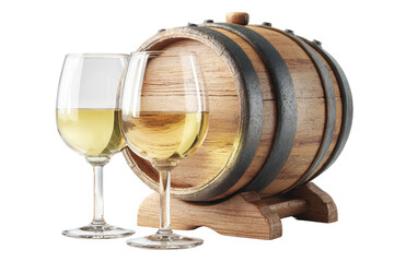 Two wine glasses filled with pale yellow liquid next to a wooden wine barrel
