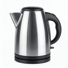 Sleek brushed metal electric kettle with black accents on a pure white background