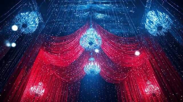 Red drapes with blue chandeliers and light strings adorn a dark stage