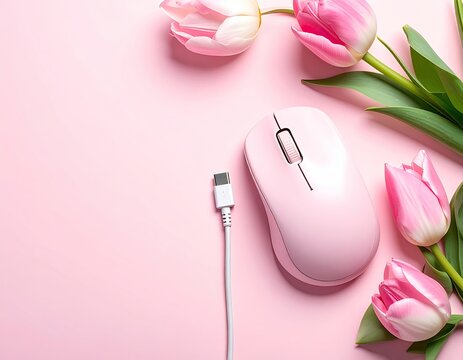 Pink mouse & tulips lie on a pink background, airy & feminine