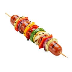 Grilled sausage and vegetables are skewered on a wooden kebab stick for barbecue. on transparant background.
