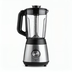 Sleek silver blender with clear pitcher against clean white backdrop studio lighting