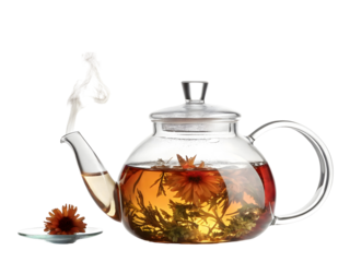 Glass teapot brewing blooming flower tea with steam rising from the spout isolated on transparent background