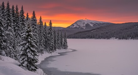 Winter landscape scene with snow covered trees and a snow covered mountain at sunset or sunrise with orange sky