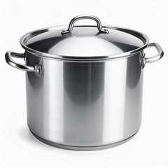 Stainless steel stockpot gleaming under studio lights, presented against a crisp white background