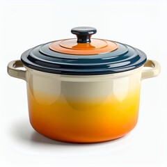 Enamel cookware pot showcasing vibrant gradient, centered in crisp white space