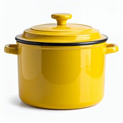 Vibrant yellow enamel stockpot with lid, against a clean white background