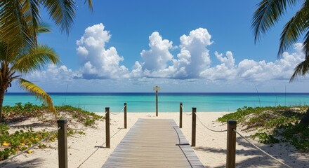 Wooden pathway leading to tranquil beach with vibrant turquoise water and fluffy white clouds under blue sky