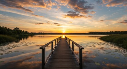 Wooden pier extending over calm water towards a vibrant sunset horizon scenic landscape nature background