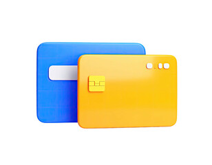 Two vibrant 3D rendered credit cards, one blue, one orange, on a black background