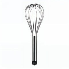 Minimalist stainless steel whisk isolated against pristine white background for culinary use