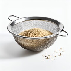 Stainless steel sieve with grains in white background creates a simple composition