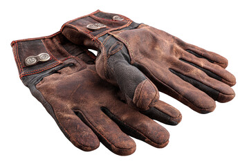 Worn Brown Leather Gloves with Ornate Silver Fasteners on Black Background Antique Style Close Up Shot Vintage Fashion Accessory Protective Handwear Stitched Details Textured Surface Studio Lighting