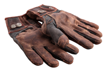 Worn Brown Leather Gloves with Ornate Silver Fasteners on Black Background Antique Style Close Up Shot Vintage Fashion Accessory Protective Handwear Stitched Details Textured Surface Studio Lighting