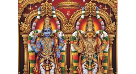 Colorful Hindu Deities Statues with Floral Garlands in Ornate Temple Setting