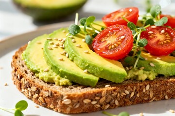 Avocado Toast with Tomato and Microgreens on Whole Grain Bread