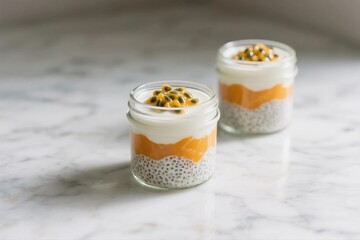 Chia Pudding with Mango and Passion Fruit in Glass Jars on Marble Surface