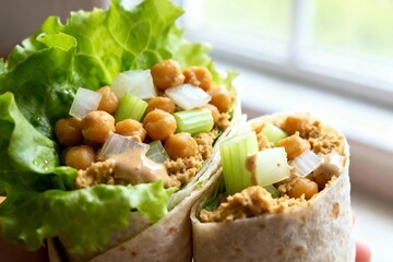 Chickpea Wrap with Lettuce and Celery in Whole Wheat Tortilla