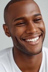 Fototapeta premium Smiling african male adult with white shirt and shaved head