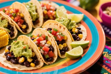 Mexican Tacos with Black Beans, Avocado, and Lime on Colorful Plate