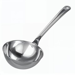 Shiny kitchen ladle with a long handle, isolated on a plain white background