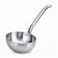 Stainless steel ladle isolated on white backdrop showcasing its reflective surface