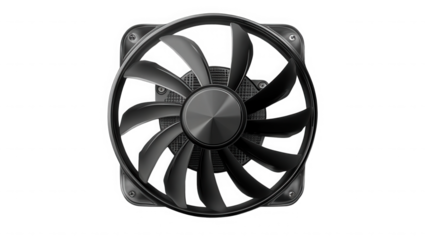 Black computer cooler fan for pc isolated on transparent background