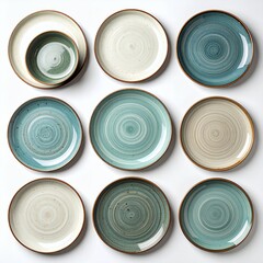 Artistic ceramic plates assortment featuring captivating abstract patterns on a bright surface