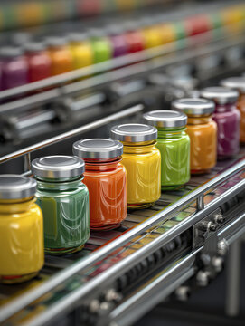 Glass Jars Filled with Colorful Baby Food Moving on Production Line Conveyor