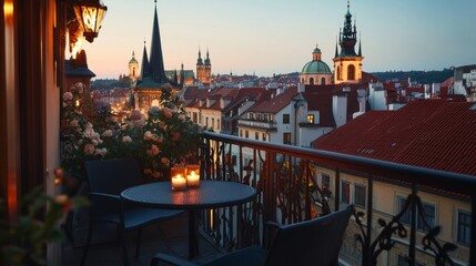 Evening view of Prague skyline from a cozy balcony with candles and flowers