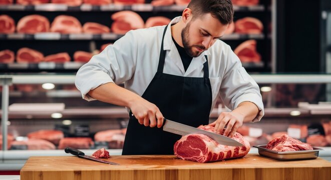 Professional butcher cutting a large, fresh, raw beef roast with a sharp knife on a wooden cutting board in a modern market shop