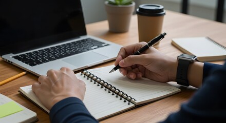 Man Writing in Notebook at Desk with Laptop and Coffee