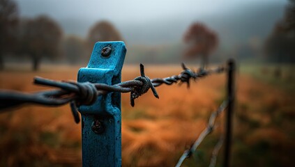 Close-up of a weathered barbed wire fence post with a vibrant blue metal support, set against a hazy, autumnal landscape.