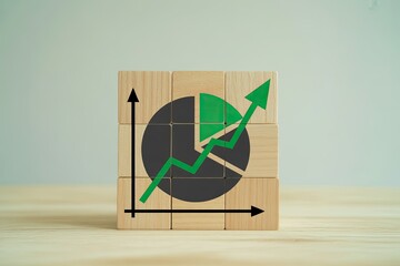 Conceptual image of business growth and sustainability represented by a pie chart and rising arrow