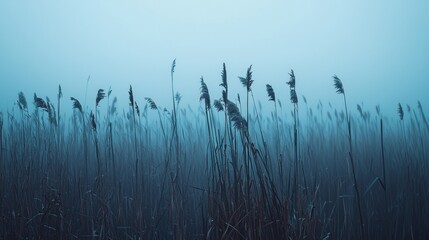 Dense fog envelops tall grass in a serene landscape during early morning, creating a tranquil atmosphere