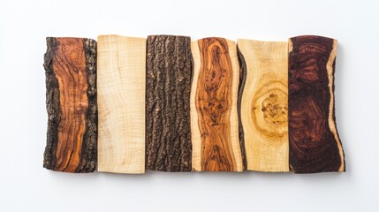 Various types of rustic wood slices arranged neatly on a white background for creative projects or home decor ideas