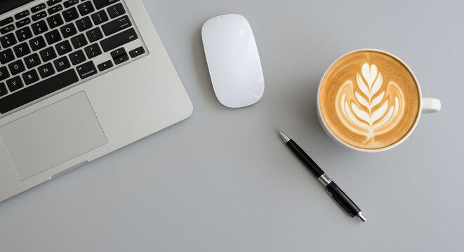 Minimalist Workspace with Laptop, Coffee, and Pen - Powered by Adobe